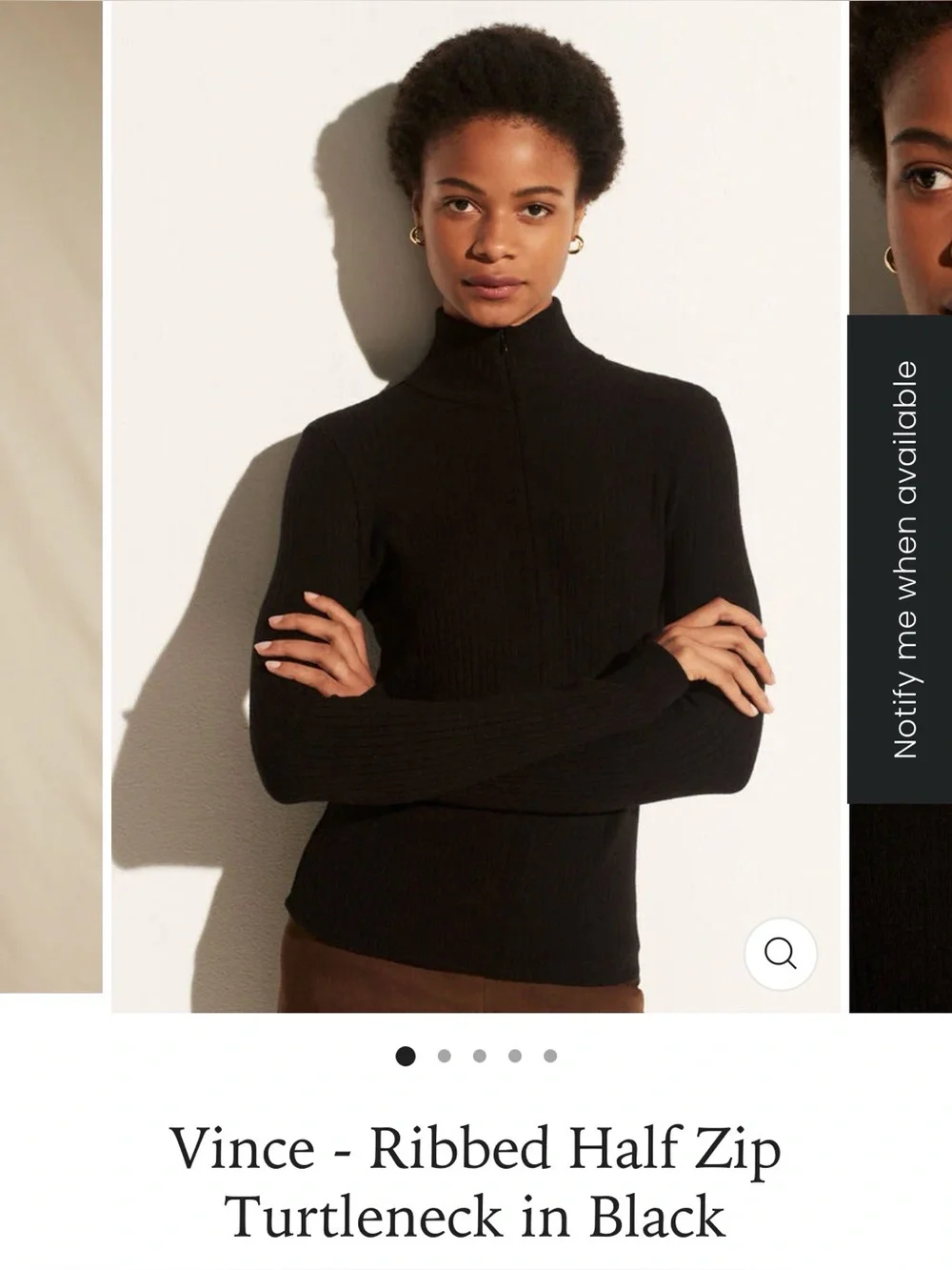 VINCE black cotton ribbed long-sleeve top features a quarter-zip closure, large